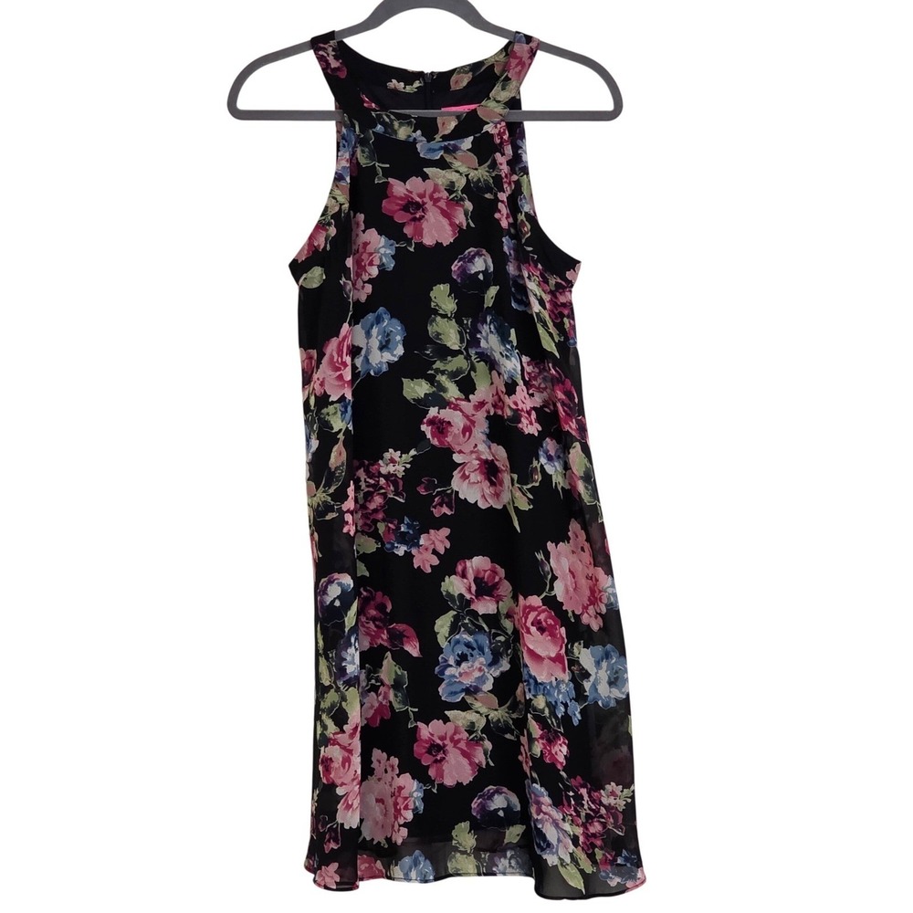 Betsey Johnson Dress Womens 8 Black Pink Floral Halter Neck Shift Mini